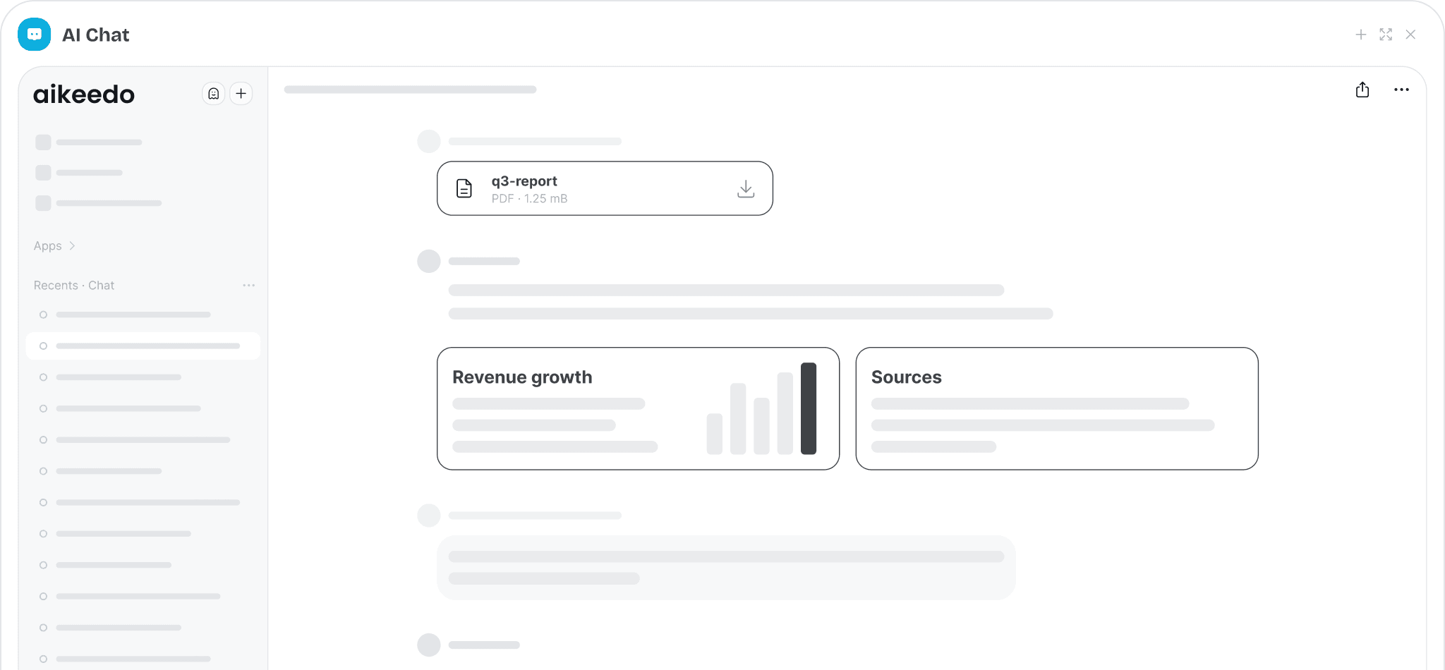 Aikeedo chat with model picker, attached PDF and web search results