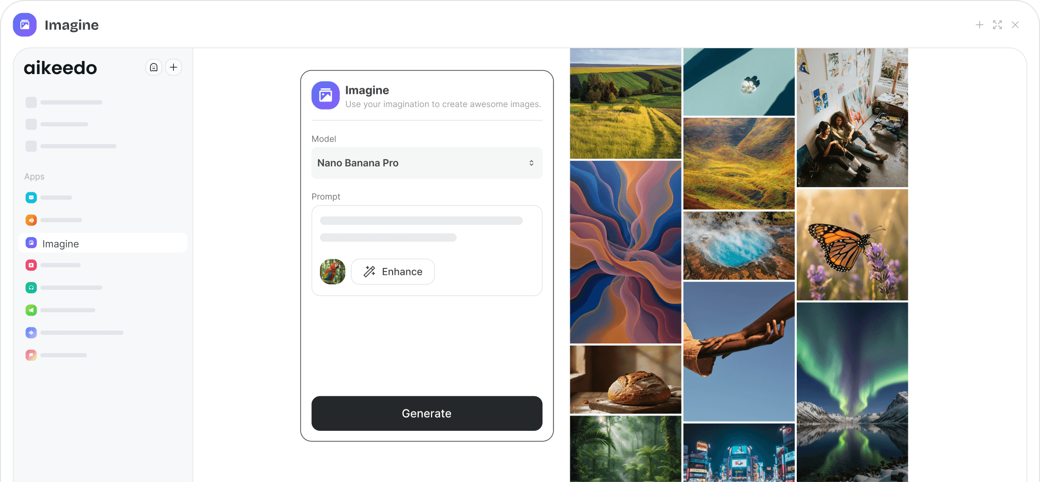 Image generator with model picker, prompt, reference image and generated results