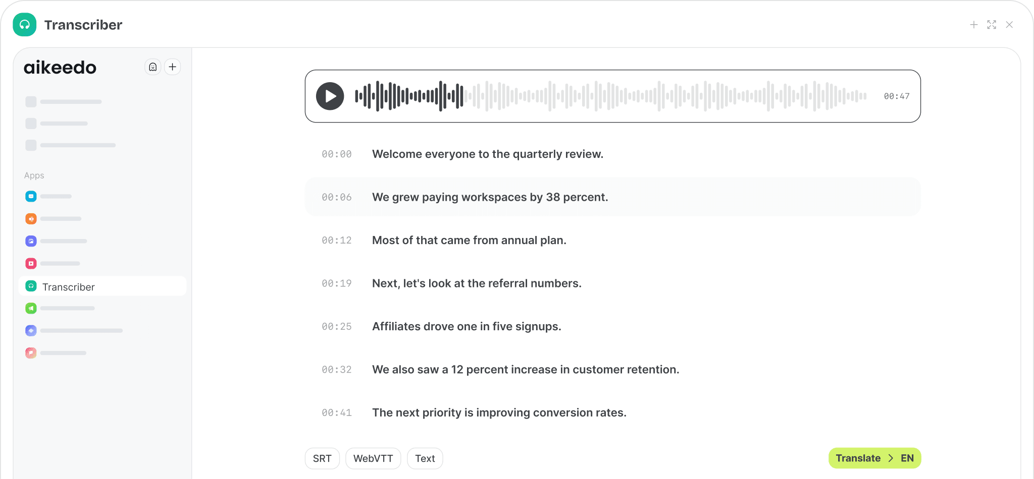 Transcript with timestamps, audio waveform and export formats
