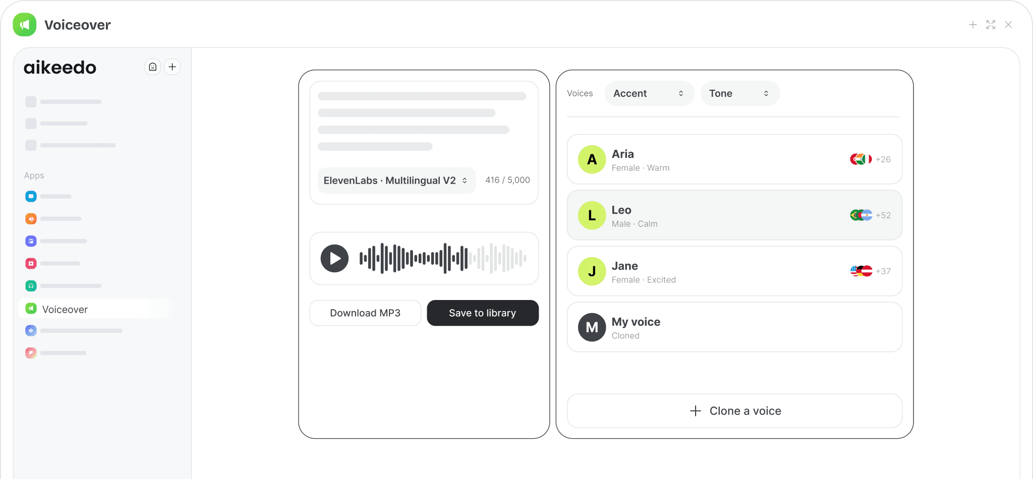 Voiceover studio with a script, voice list and audio player