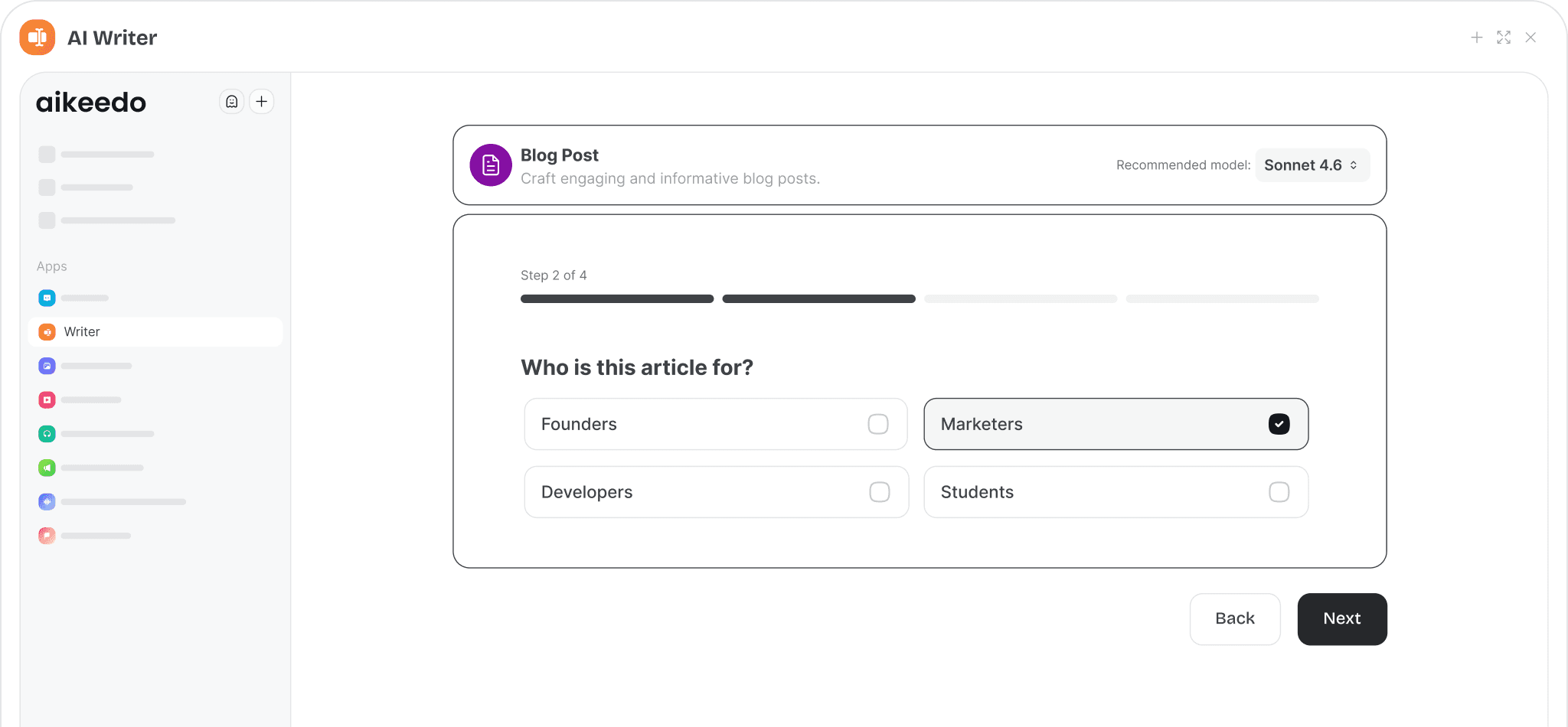 Step-by-step writing template wizard