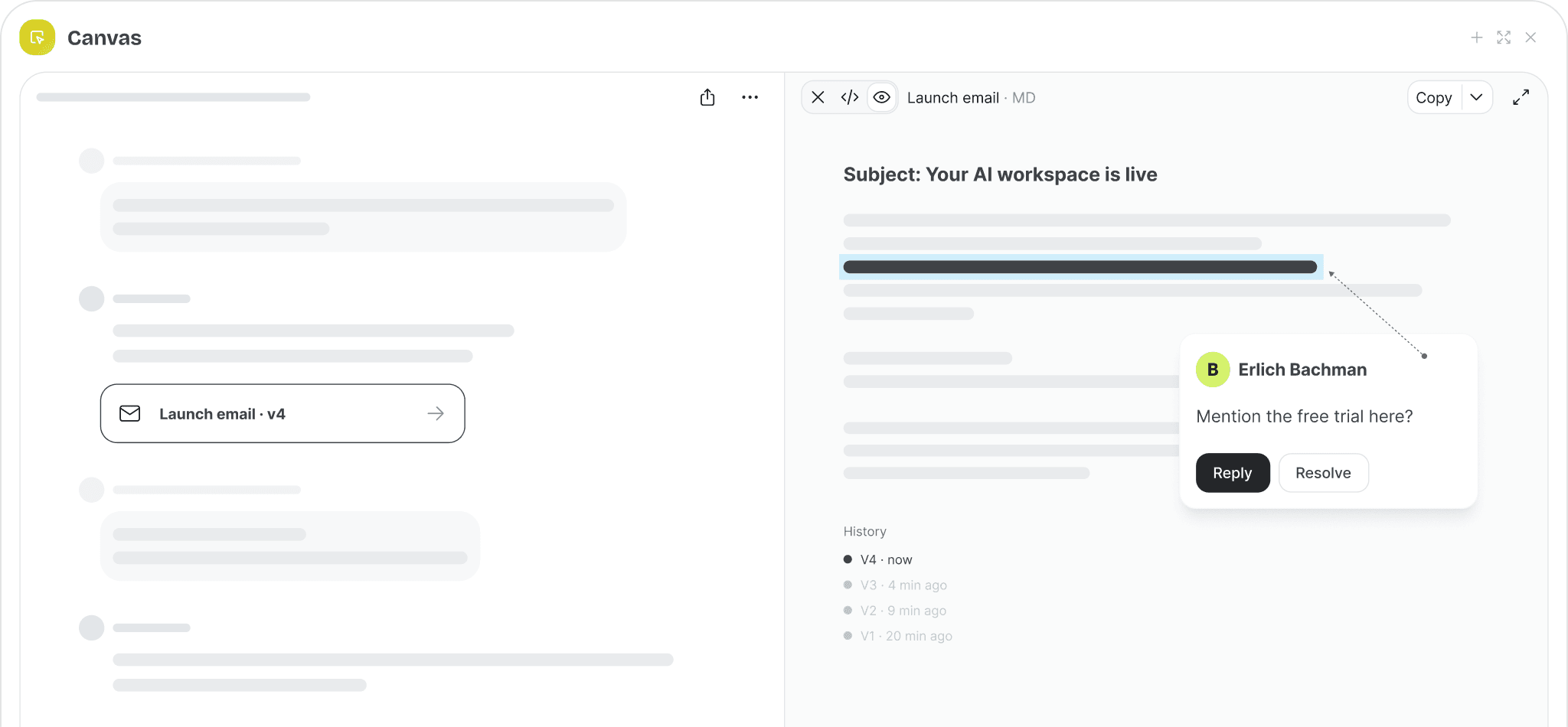 Chat on the left, an editable email document with comments and version history on the right