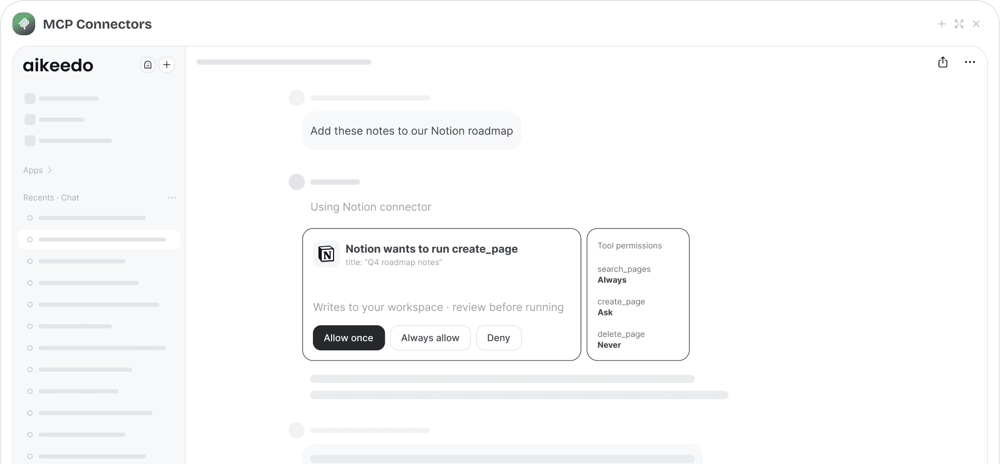 Notion connector asking for approval before creating a page