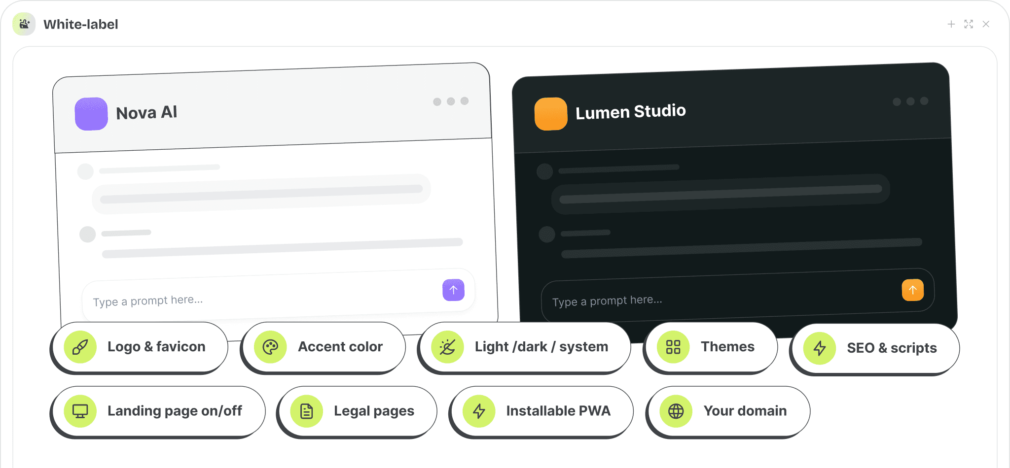 The same app branded two different ways, in light and dark mode