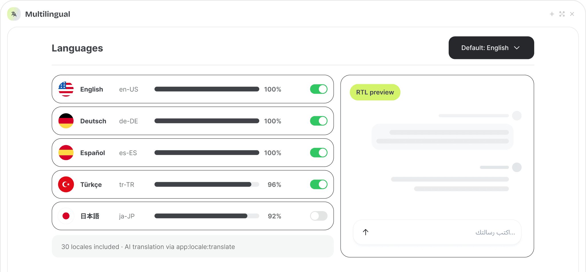 Languages admin page with translation progress and an Arabic RTL preview