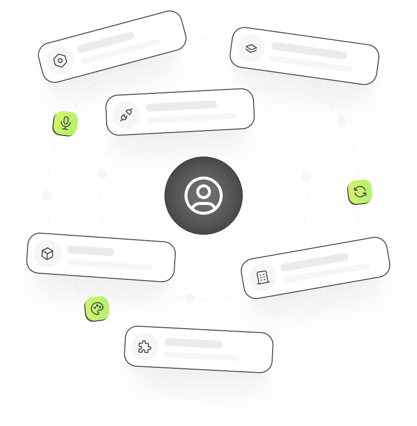 Admin settings cards arranged around a user